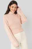 NA-KD Cable Sleeve High Neck Sweater - Pink