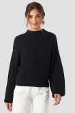 NA-KD Volume Sleeve High Neck Knitted Sweater - Black